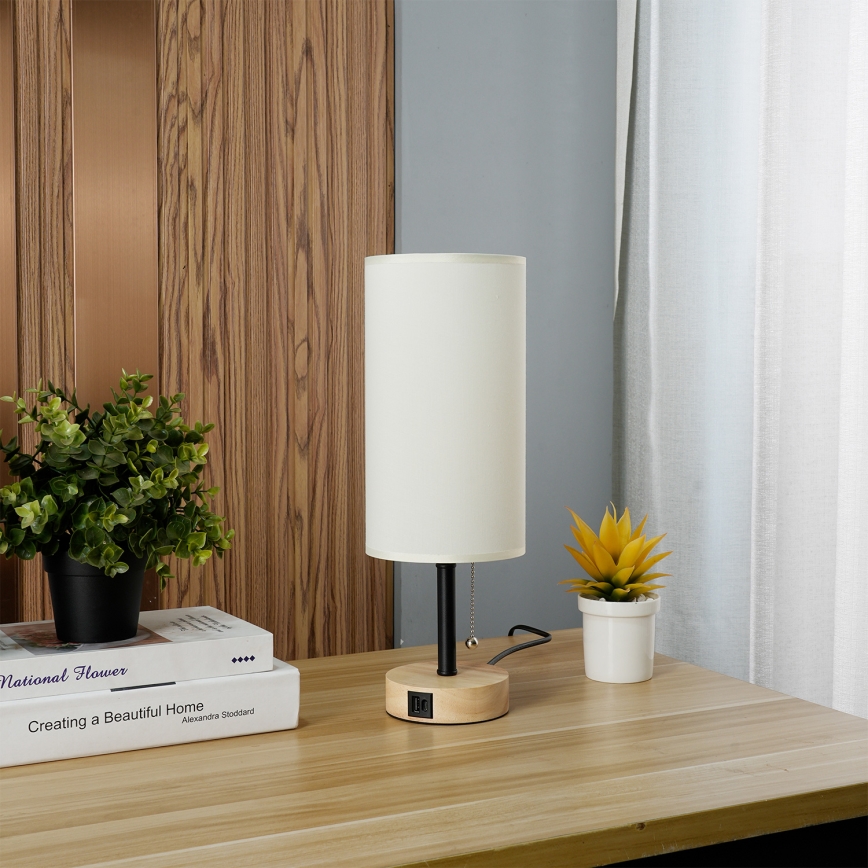 Brilagi - Tischlampe TABLON mit USB-Anschluss 1xE27/25W/230V Eiche/Schwarz/Creme