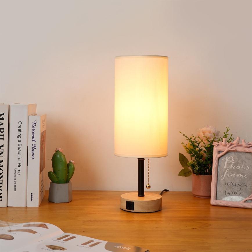 Brilagi - Tischlampe TABLON mit USB-Anschluss 1xE27/25W/230V Eiche/Schwarz/Creme