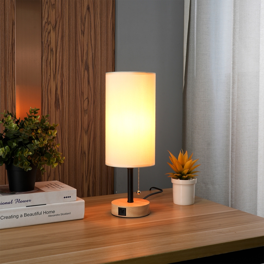 Brilagi - Tischlampe TABLON mit USB-Anschluss 1xE27/25W/230V Eiche/Schwarz/Creme