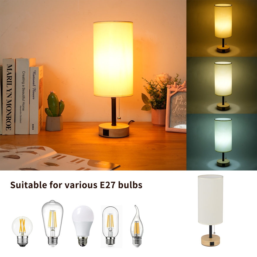 Brilagi - Tischlampe TABLON mit USB-Anschluss 1xE27/25W/230V Eiche/Schwarz/Creme