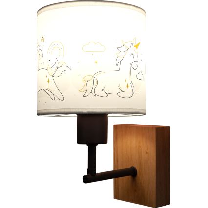 Brilagi - Kinder-Wandleuchte BOBO WOOD 1xE27/25W/230V Eiche/Schwarz/Weiß/Einhörner