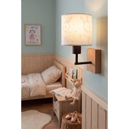 Brilagi - Kinder-Wandleuchte BOBO WOOD 1xE27/25W/230V Eiche/schwarz/weiß/Häschen