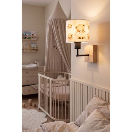 Brilagi - Kinder-Wandleuchte BOBO WOOD 1xE27/25W/230V Eiche/Schwarz/Weiß/Teddybären