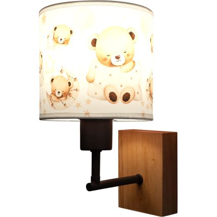 Brilagi - Kinder-Wandleuchte BOBO WOOD 1xE27/25W/230V Eiche/Schwarz/Weiß/Teddybären