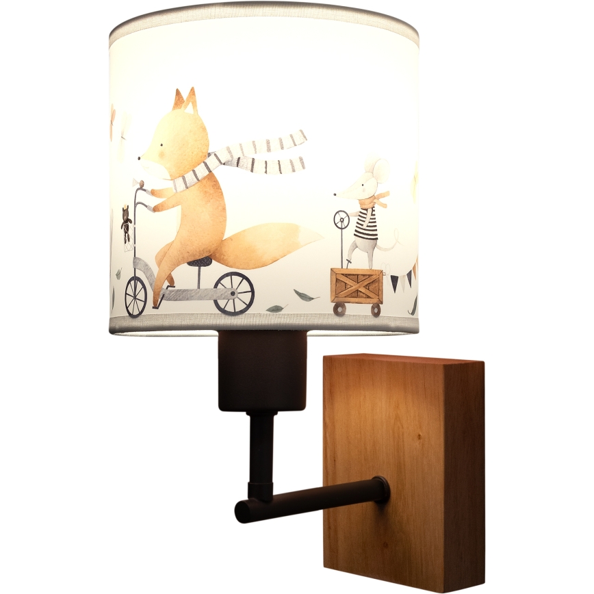 Brilagi - Kinder-Wandleuchte BOBO WOOD 1xE27/25W/230V Eiche/Schwarz/Weiß/Tiermotive