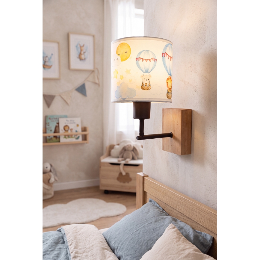 Brilagi - Kinder-Wandleuchte BOBO WOOD 1xE27/25W/230V Eiche/Schwarz/Weiß/Tiermotive