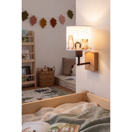 Brilagi - Kinder-Wandleuchte BOBO WOOD 1xE27/25W/230V Eiche/schwarz/weiß/Tiermotive
