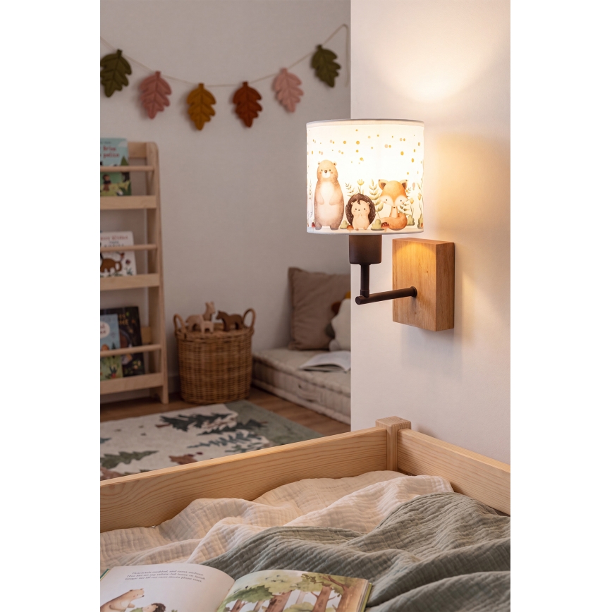Brilagi - Kinder-Wandleuchte BOBO WOOD 1xE27/25W/230V Eiche/schwarz/weiß/Tiermotive