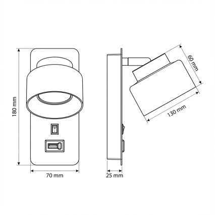 Brilagi - Wandleuchte mit USB-Anschluss AURA LUX 1xGX53/30W/230V schwarz/rauchgrau
