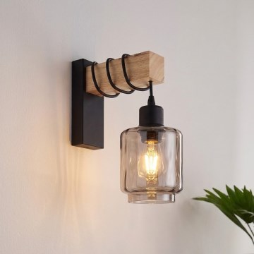 Brilagi - Wandleuchte WOOD GLASS 1xE27/60W/230V Kiefer/Schwarz/Rauchbeige