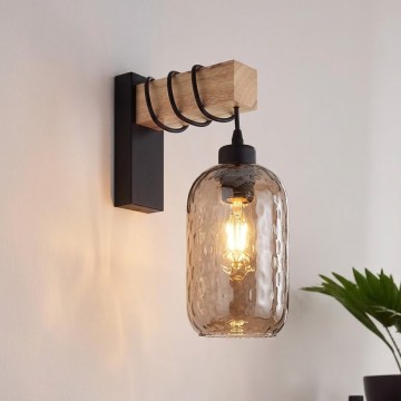 Brilagi - Wandleuchte WOOD GLASS 1xE27/60W/230V Kiefer/Schwarz/Rauchbraun