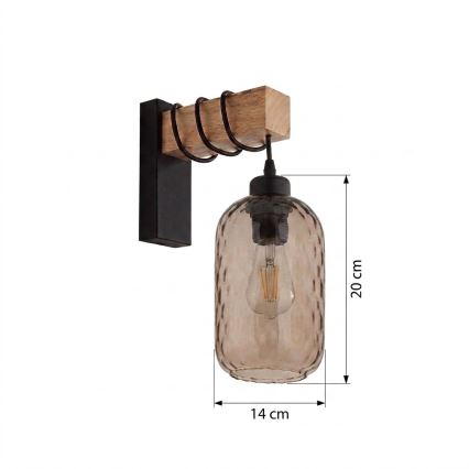 Brilagi - Wandleuchte WOOD GLASS 1xE27/60W/230V Kiefer/Schwarz/Rauchbraun