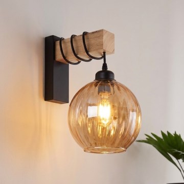 Brilagi - Wandleuchte WOOD GLASS 1xE27/60W/230V Kiefer/Schwarz/Rauchbraun