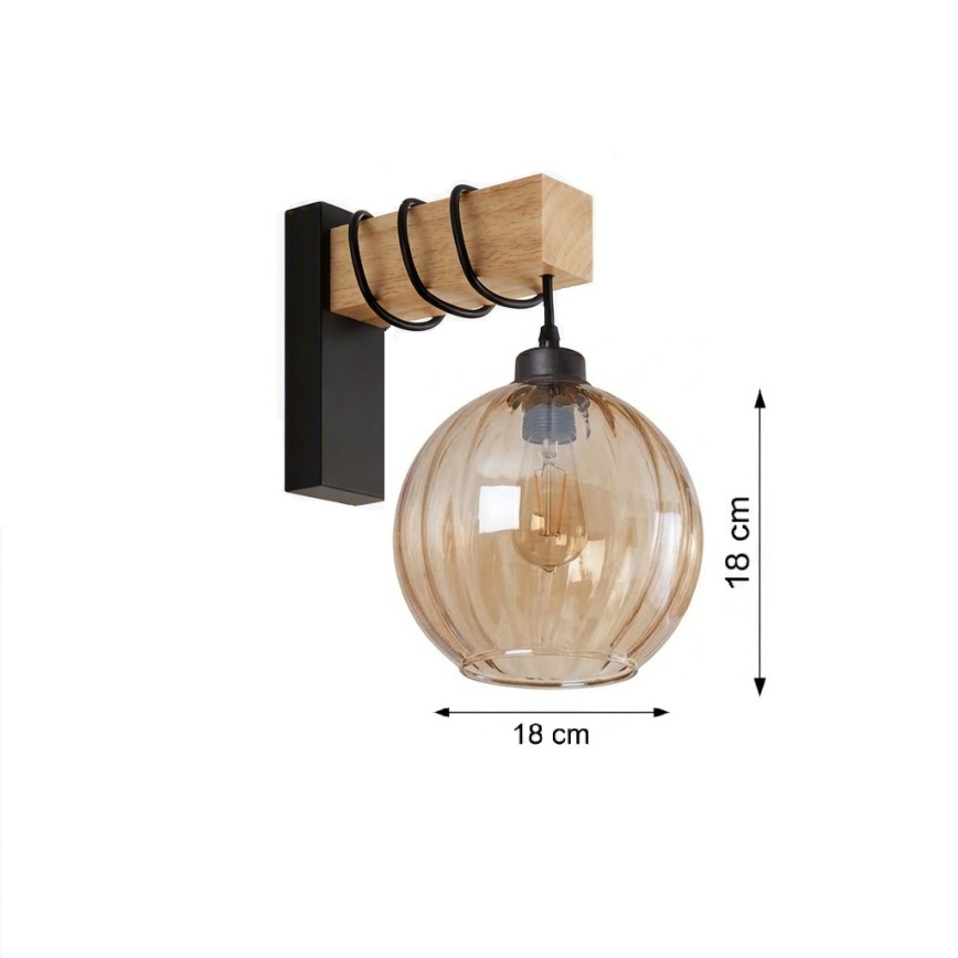 Brilagi - Wandleuchte WOOD GLASS 1xE27/60W/230V Kiefer/Schwarz/Rauchbraun