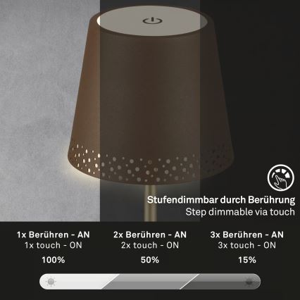 Brilo - LED dimmbare, wiederaufladbare Touch-Außen-Tischlampe KIKI LED/2,6W/5V IP44 2600 mAh braun