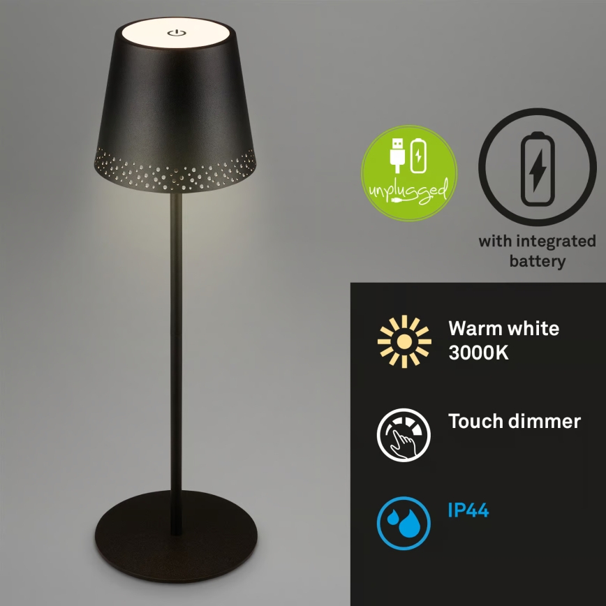 Brilo - Dimmbare, wiederaufladbare LED-Tischlampe für den Außenbereich KIKI, LED/2,6W/5V, IP44, 2600 mAh, schwarz