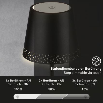 Brilo - Dimmbare, wiederaufladbare LED-Tischlampe für den Außenbereich KIKI, LED/2,6W/5V, IP44, 2600 mAh, schwarz