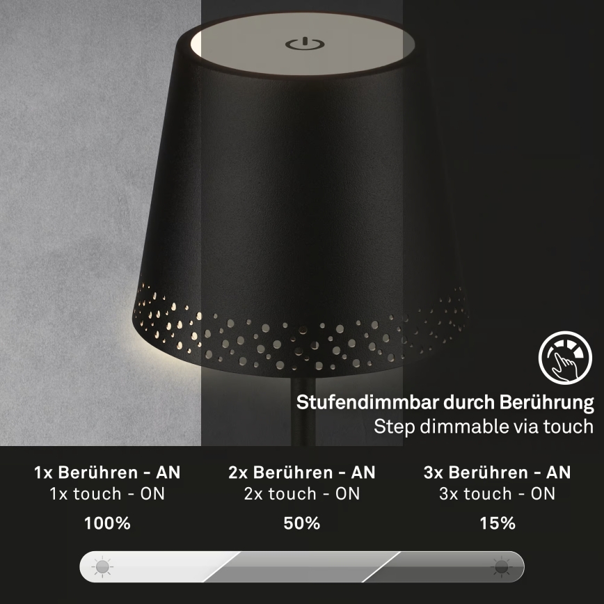 Brilo - Dimmbare, wiederaufladbare LED-Tischlampe für den Außenbereich KIKI, LED/2,6W/5V, IP44, 2600 mAh, schwarz