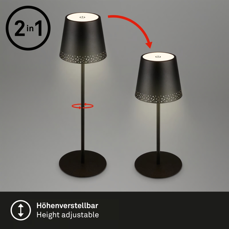 Brilo - Dimmbare, wiederaufladbare LED-Tischlampe für den Außenbereich KIKI, LED/2,6W/5V, IP44, 2600 mAh, schwarz