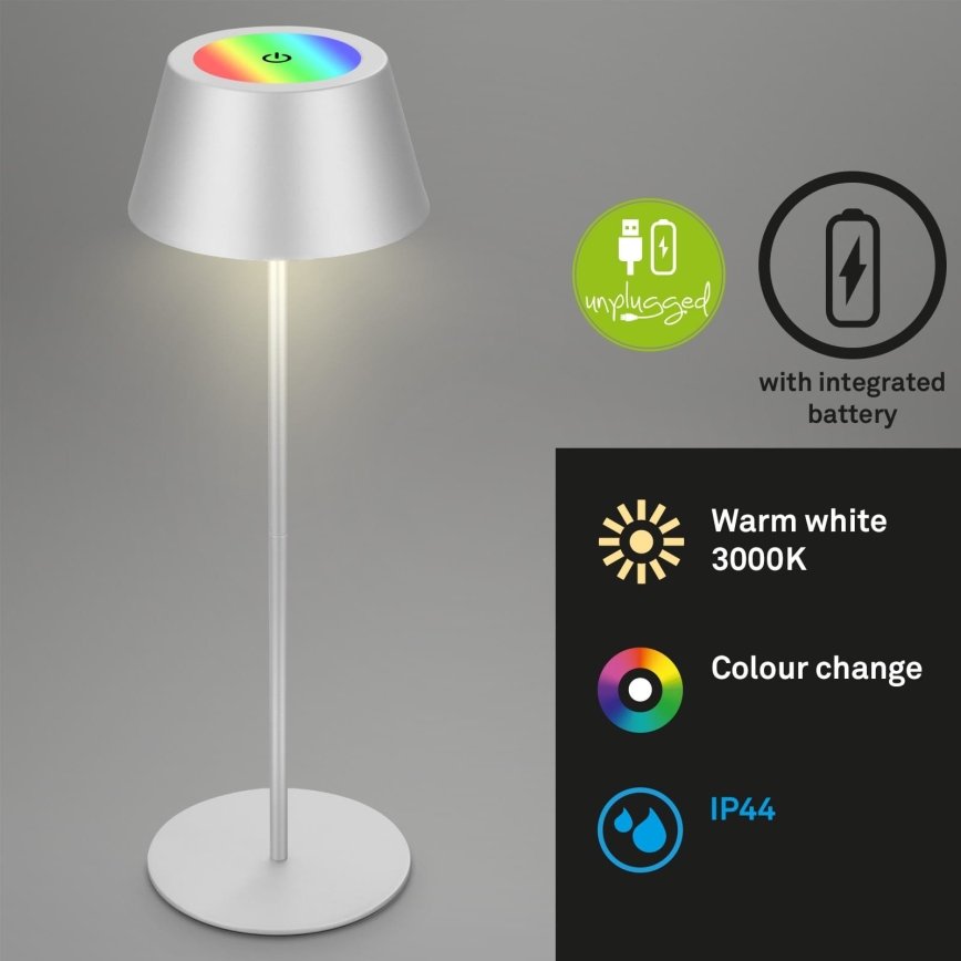 Brilo - KIKI LED RGB dimmbare, wiederaufladbare Touch-Tischlampe für den Außenbereich, LED/2,6W/5V, IP44, 2600 mAh, silber
