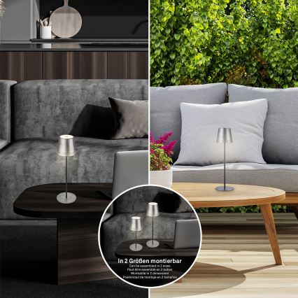 Brilo - KIKI LED-Außen-Tischlampe, dimmbar, wiederaufladbar mit Touch-Bedienung, LED/2,6W/5V, IP44, 2600 mAh, silber