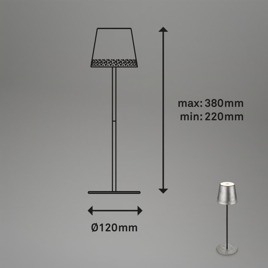 Brilo - KIKI LED-Außen-Tischlampe, dimmbar, wiederaufladbar mit Touch-Bedienung, LED/2,6W/5V, IP44, 2600 mAh, silber