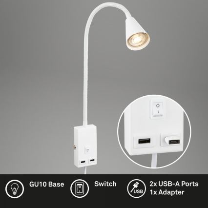 Briloner 2175-016 - Flexible Wandleuchte mit USB-Anschluss 1xGU10/10W/230V weiß