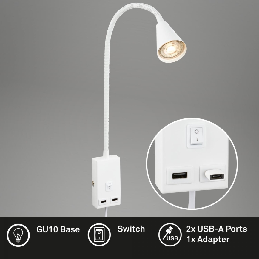 Briloner 2175-016 - Flexible Wandleuchte mit USB-Anschluss 1xGU10/10W/230V weiß