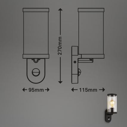 Briloner 3628-015 - Outdoor-Wandleuchte mit Sensor KAIRO 1xE27/12W/230V schwarz