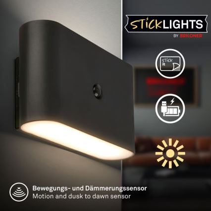 Briloner 3878015 - Wiederaufladbare LED-Wandleuchte mit Bewegungs- und Dämmerungssensor CHAT LED/3W/5V 2000 mAh schwarz