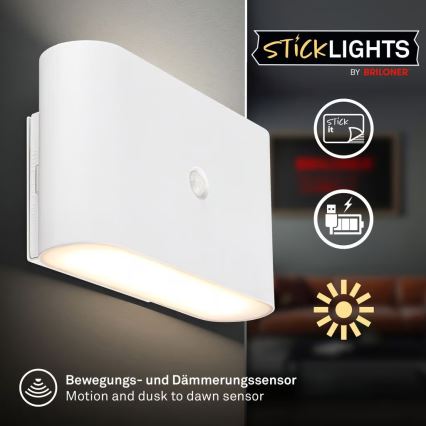 Briloner 3878016 - Wiederaufladbare LED-Wandleuchte mit Bewegungs- und Dämmerungssensor CHAT LED/3W/5V 2000 mAh weiß