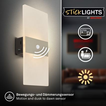 Briloner 3888012 - Wiederaufladbare LED-Wandleuchte mit Bewegungs- und Dämmerungssensor AURA LED/2,5W/5V 1800 mAh mattchrom