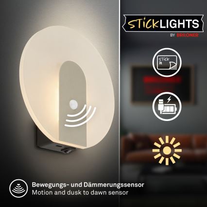 Briloner 3889012 - LED wiederaufladbare Wandleuchte mit Bewegungs- und Dämmerungssensor TARO LED/2,5W/5V 1800 mAh mattchrom