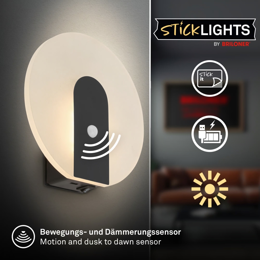 Briloner 3889015 - Wiederaufladbare LED-Wandleuchte TARO mit Bewegungs- und Dämmerungssensor LED/2,5W/5V 1800 mAh schwarz