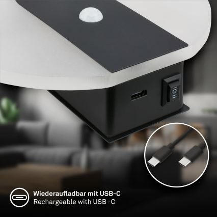 Briloner 3889015 - Wiederaufladbare LED-Wandleuchte TARO mit Bewegungs- und Dämmerungssensor LED/2,5W/5V 1800 mAh schwarz