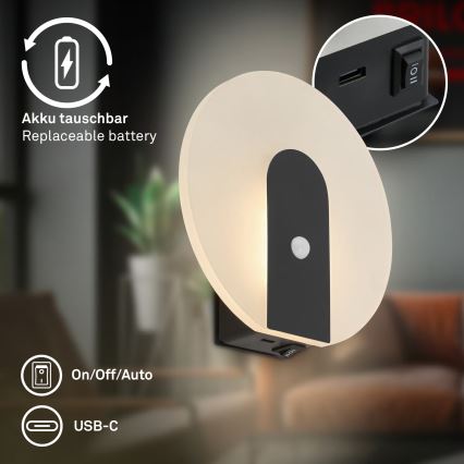 Briloner 3889015 - Wiederaufladbare LED-Wandleuchte TARO mit Bewegungs- und Dämmerungssensor LED/2,5W/5V 1800 mAh schwarz