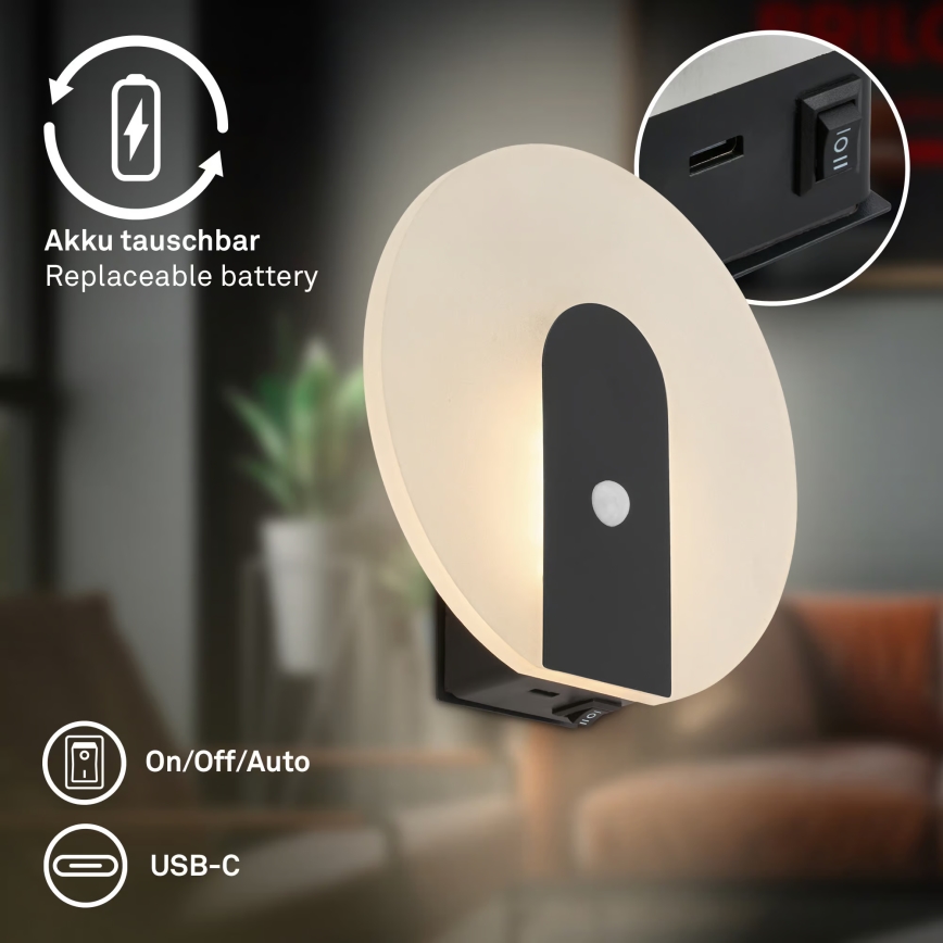 Briloner 3889015 - Wiederaufladbare LED-Wandleuchte TARO mit Bewegungs- und Dämmerungssensor LED/2,5W/5V 1800 mAh schwarz
