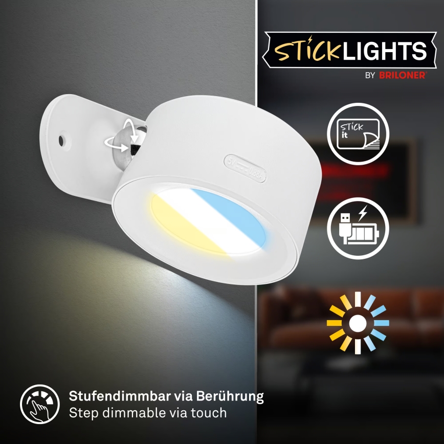 Briloner 3896016 - LED-dimmbare, wiederaufladbare Wandleuchte TARI LED/1,6W/5V 1500 mAh weiß