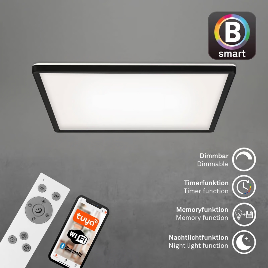 Briloner 7060-015 - Dimmbares SLIM LED-Aufbaupanel LED/22W/230V 2700-6500K 42x42 cm schwarz Wi-Fi Tuya + Fernbedienung