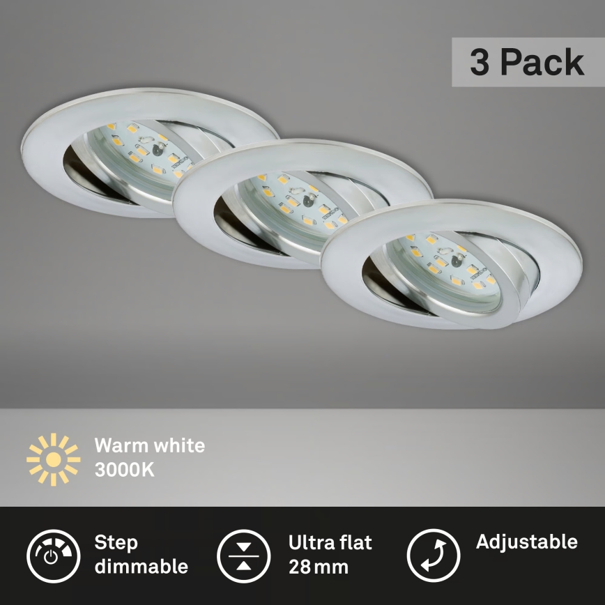 Briloner 7296-039 - 3er-Set dimmbare LED-Einbauleuchte für Badezimmer 1xLED/6,5W/230V 3000K IP23 mattchrom