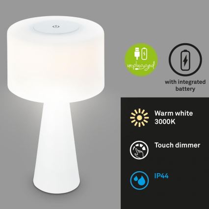 Briloner 7420016 - Dimmbare, aufladbare LED-Touch-Tischleuchte für den Außenbereich LED/4W/5V IP44 3000K weiß