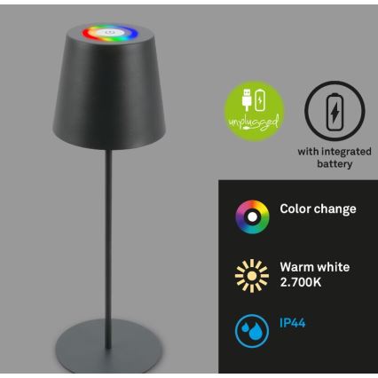 Briloner 7507015 - LED RGB dimmbare wiederaufladbare Outdoor-Tischlampe 2in1 LED/2,5W/5V IP44 Anthrazit