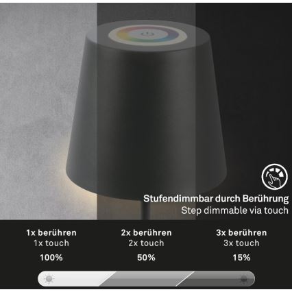 Briloner 7507015 - LED RGB dimmbare wiederaufladbare Outdoor-Tischlampe 2in1 LED/2,5W/5V IP44 Anthrazit