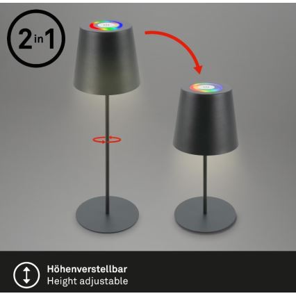 Briloner 7507015 - LED RGB dimmbare wiederaufladbare Outdoor-Tischlampe 2in1 LED/2,5W/5V IP44 Anthrazit