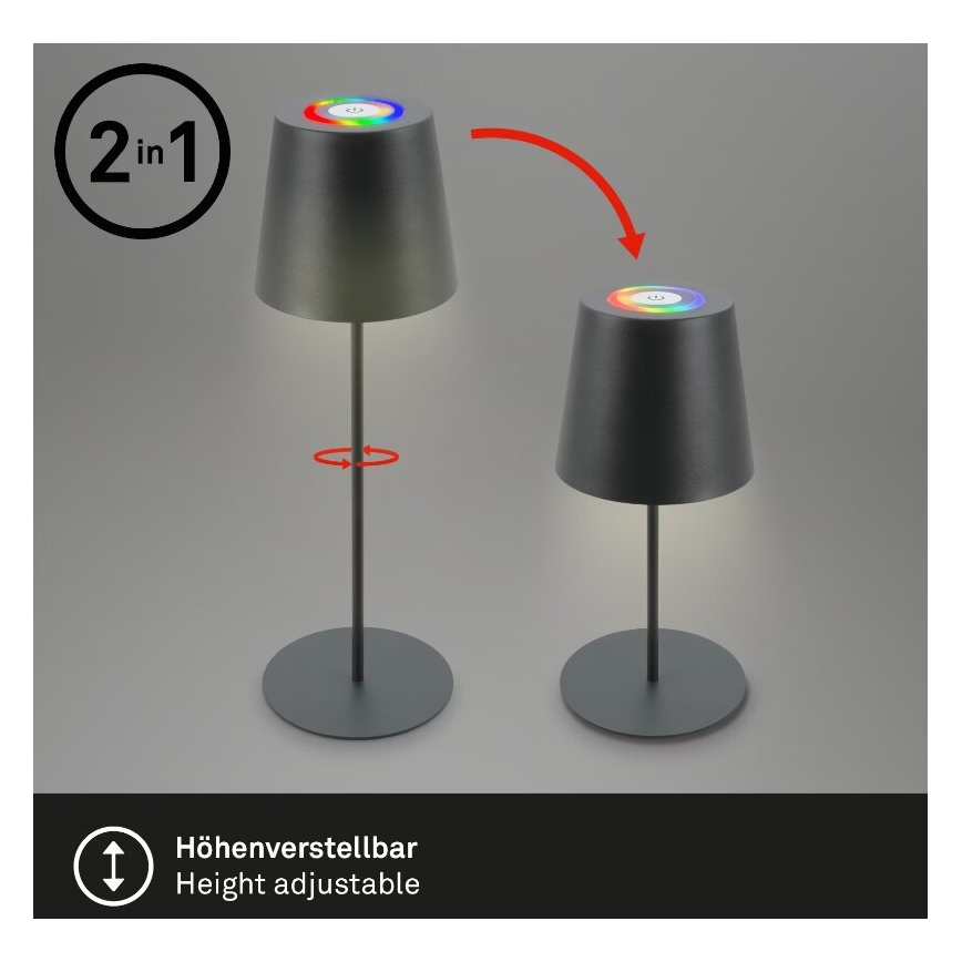 Briloner 7507015 - LED RGB dimmbare wiederaufladbare Outdoor-Tischlampe 2in1 LED/2,5W/5V IP44 Anthrazit