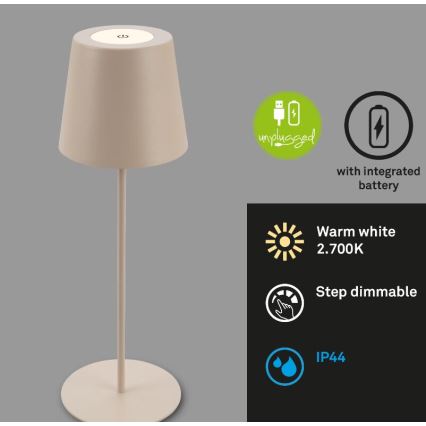 Briloner 7508011 - LED dimmbare wiederaufladbare Außen-Tischlampe 2in1 LED/2,5W/5V IP44 beige