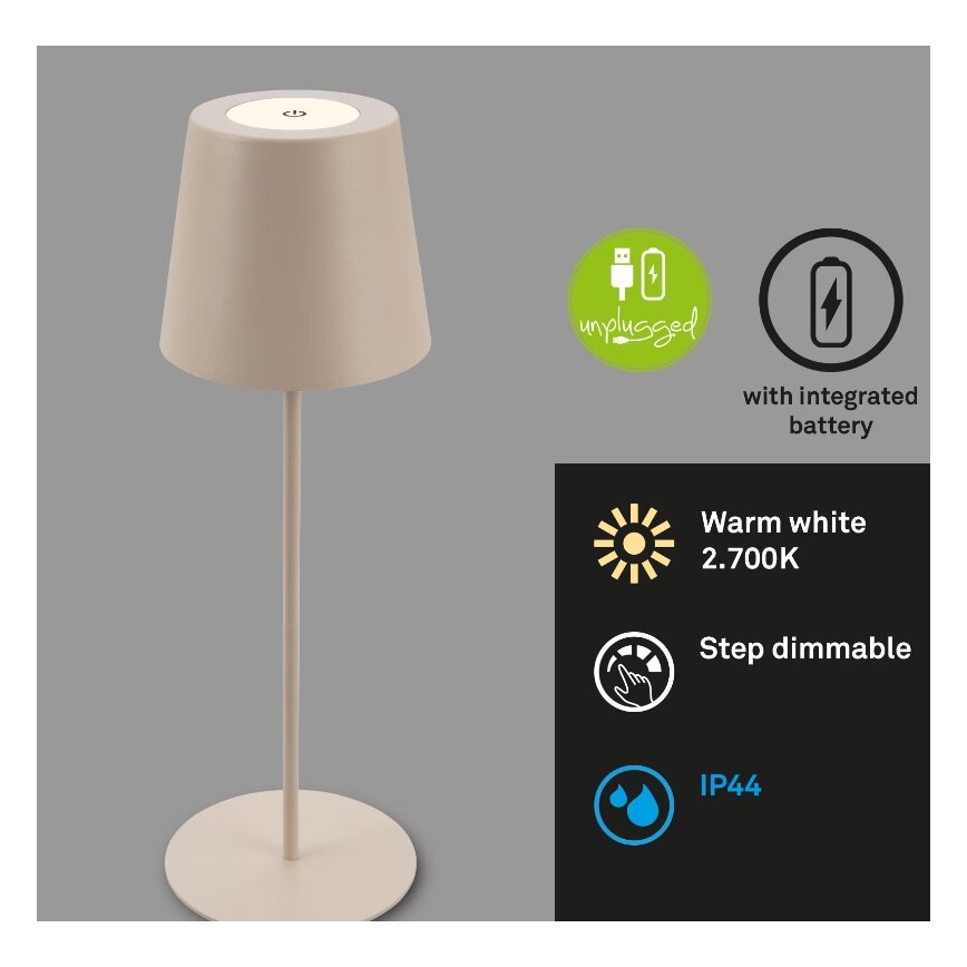 Briloner 7508011 - LED dimmbare wiederaufladbare Außen-Tischlampe 2in1 LED/2,5W/5V IP44 beige