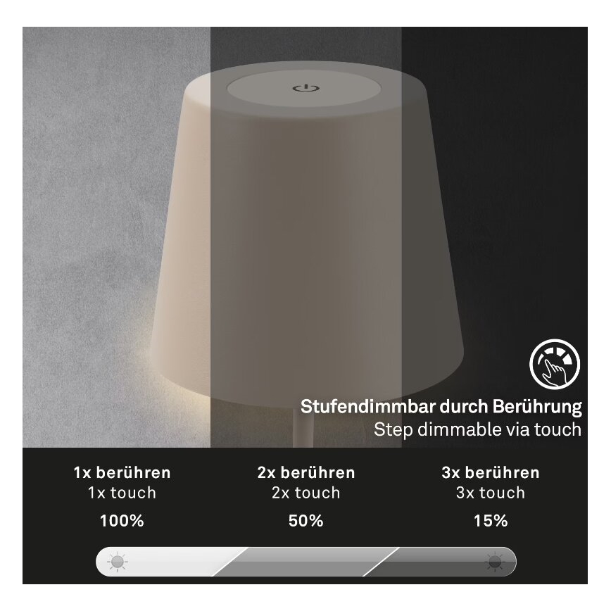 Briloner 7508011 - LED dimmbare wiederaufladbare Außen-Tischlampe 2in1 LED/2,5W/5V IP44 beige