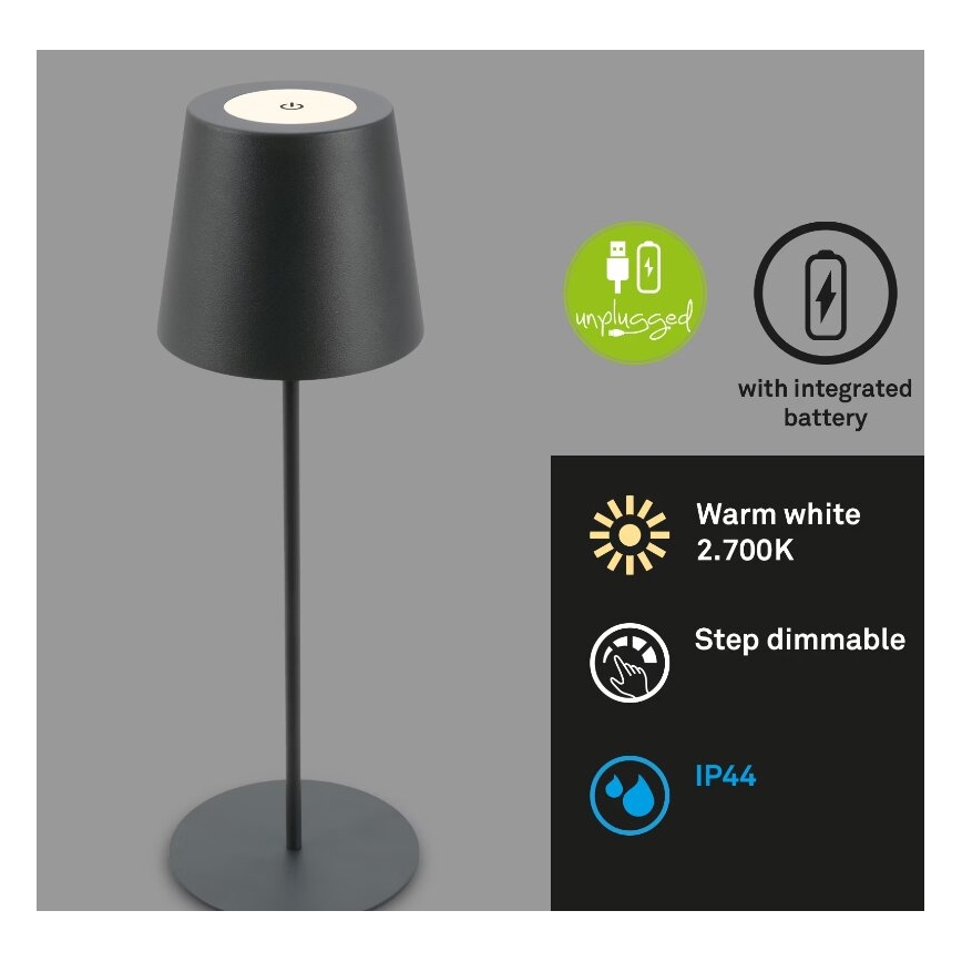 Briloner 7508015 - LED dimmbare wiederaufladbare Außen-Tischlampe 2in1 LED/2,5W/5V IP44 schwarz