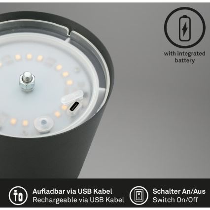 Briloner 7508015 - LED dimmbare wiederaufladbare Außen-Tischlampe 2in1 LED/2,5W/5V IP44 schwarz
